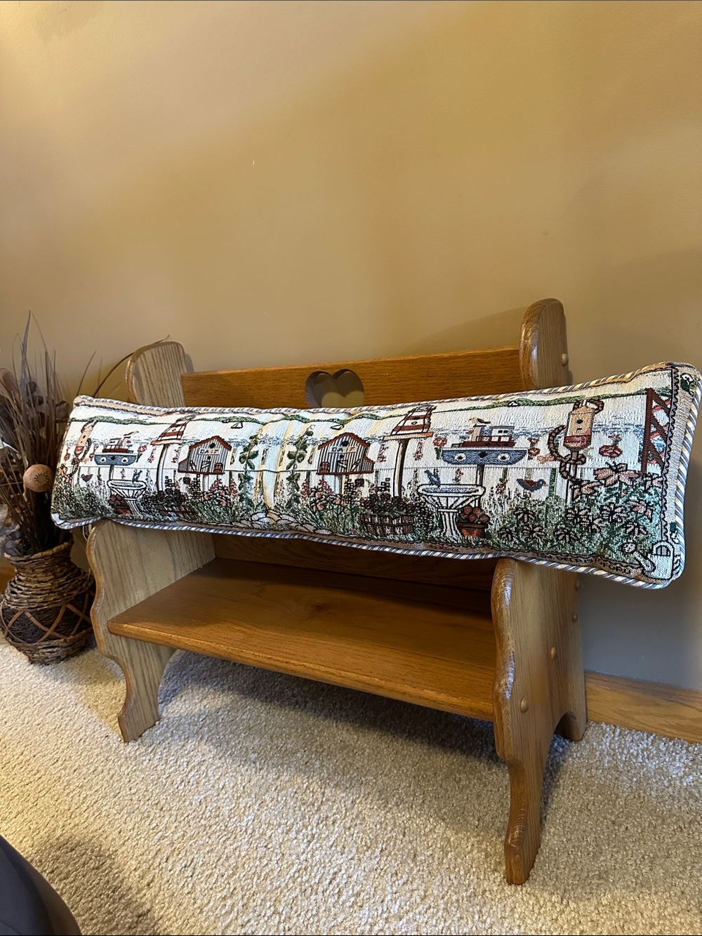 Long Tapestry Lumbar Pillow with Garden Birdhouse Motif - Cream/Brown/Green